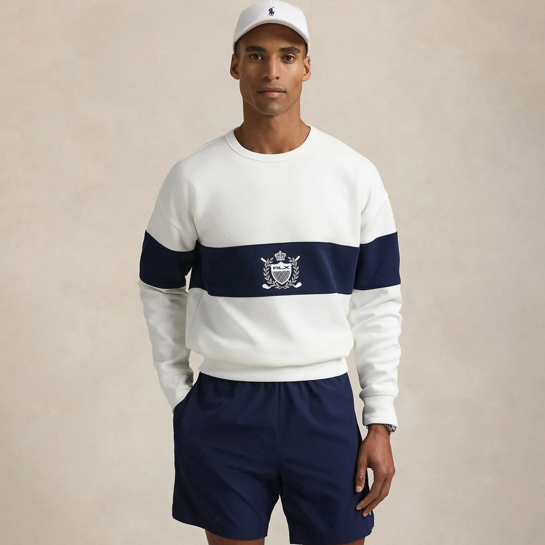 RLX Crest Logo Bold Stripe Sweatshirt Ceramic White/Refined Navy