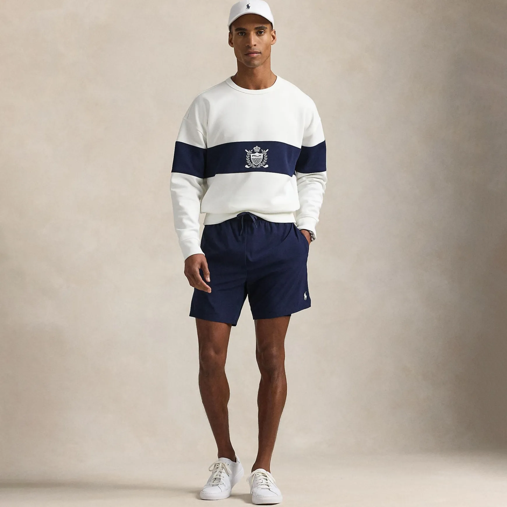 RLX Crest Logo Bold Stripe Sweatshirt Ceramic White/Refined Navy